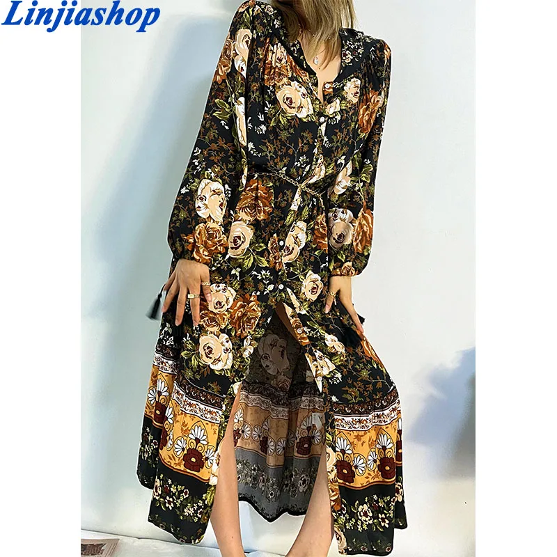 

Женское винтажное платье на пуговицах, Длинное свободное платье с цветочным принтом и V-образным вырезом, элегантное осеннее платье