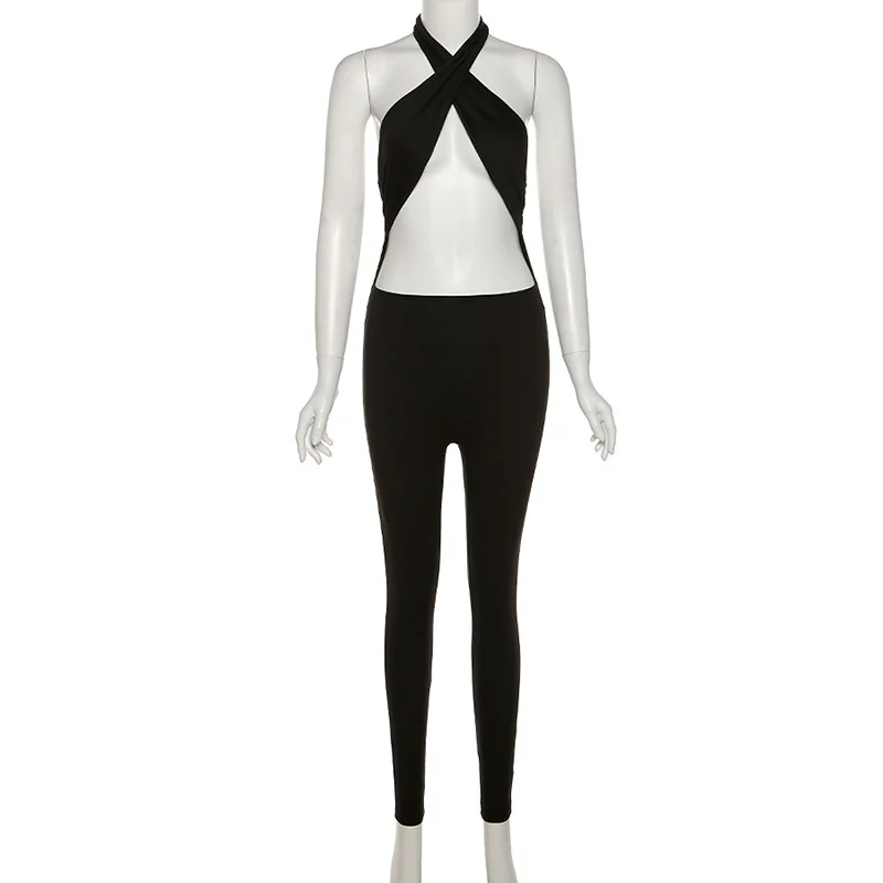 

Simenual Criss Cross Halter Rompers Womens Jumpsuit Sportswear Cut Out Streetwear Bodycon Skinny Jumpsuits One Piece Summer 2021