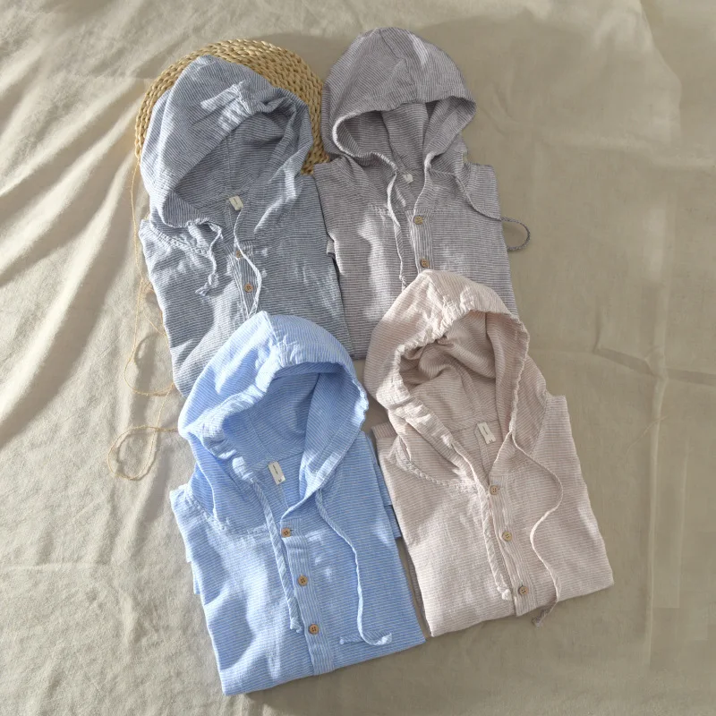 

Men Cotton Tee Half Length Sleeve Casual Shirts Pullover Men's Japanese Vintage Shirts Hooded Collar Summer Fashion Linen Shirts