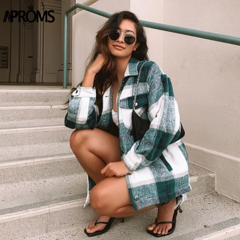 Aproms зеленые белые клетчатые куртки больших размеров женские модные пальто с