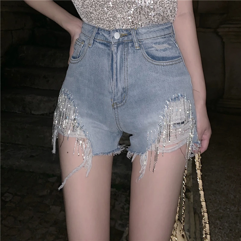 

Rhinestone Bead Chain Tassel Fashion Heavy Craft High Waist Denim Shorts