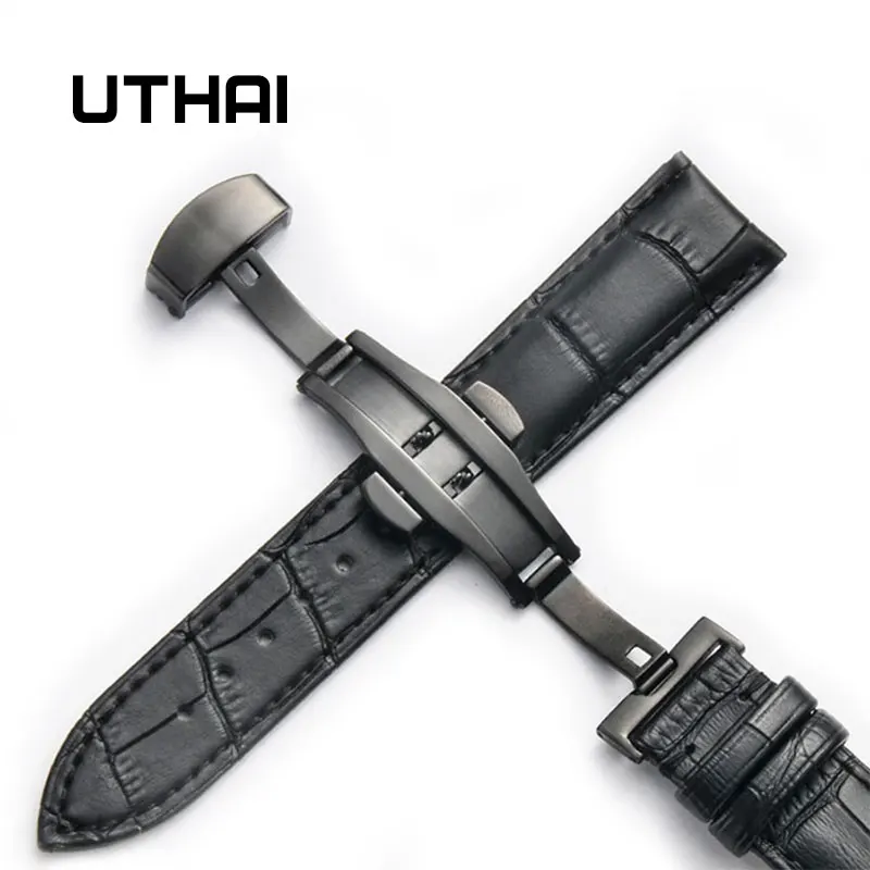 Black-black UTHAI Z09 Plus Ремешки для наручных часов из натуральной кожи 12-24 мм Универсальные часы с бабочкой и пряжкой стальной ремешок с пряжкой 22 мм ремешок для наручных часов - Цвет ремешка: Black-black