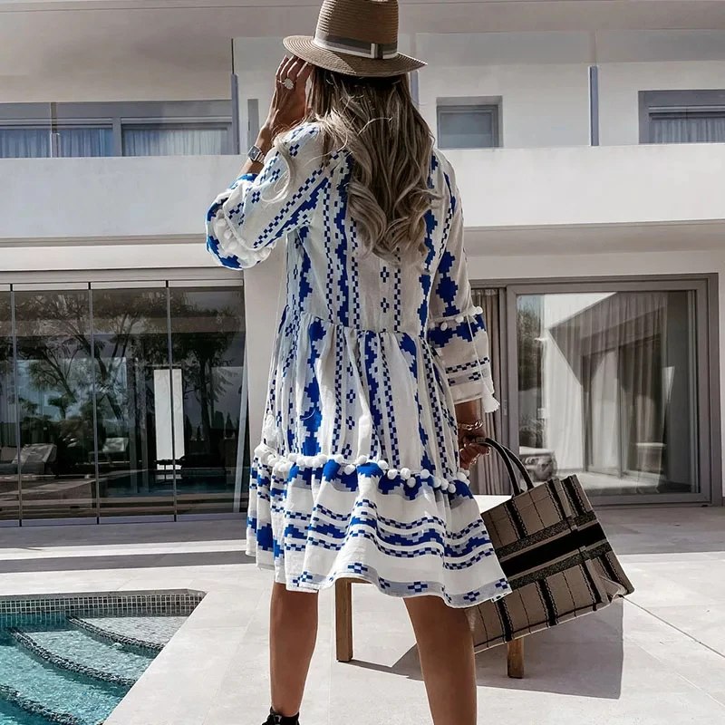 

Women Geometry Print Boho Mini Dress 2021 Summer Casual V-neck Tassel Female Chic Beach Streetwear A-line Dresses Party Vestidos