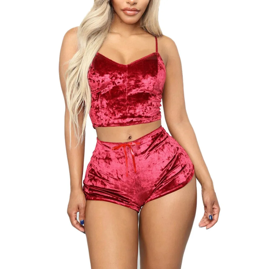2Pcs Pajama Sets Women's Sexy Spaghetti Strap Velvet Shorts Set Sleepwear Babydoll Lingerie Femme Pyjamas Women Plus Size S-3XL | Женская