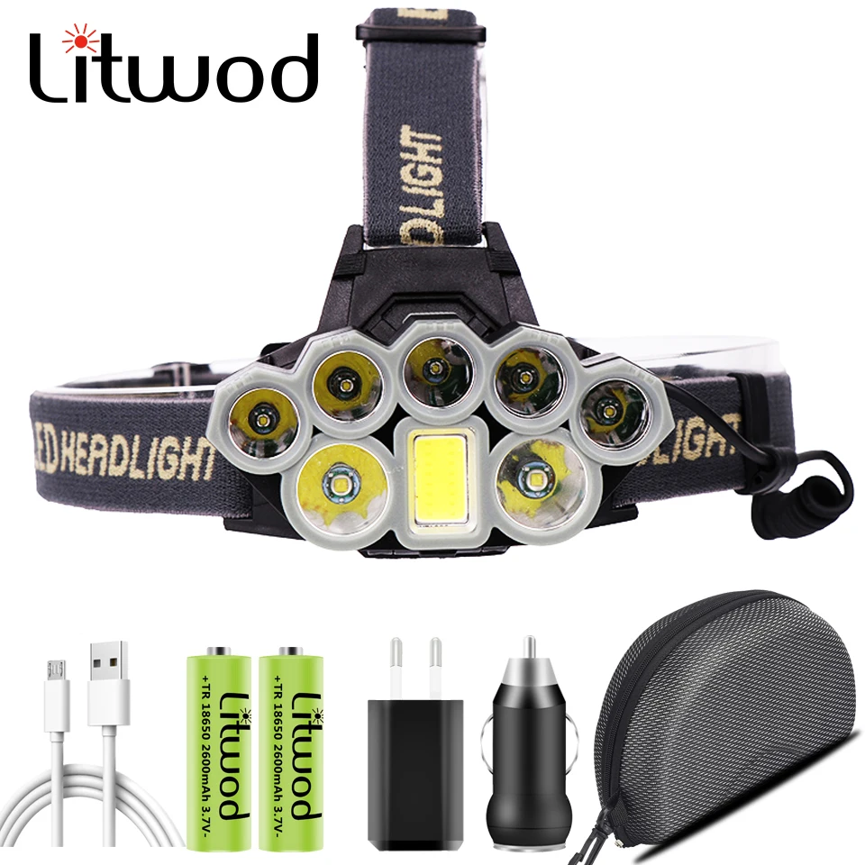 

head Torch Lamp Waterproof 5000 Lumens Powerful Headlamps Headlights Led Litwod USB Rechargeable 18650 Battery Head Flashlight
