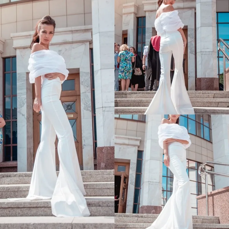 Белый 2020 комбинезоны Выпускные платья с открытыми плечами короткий рукав