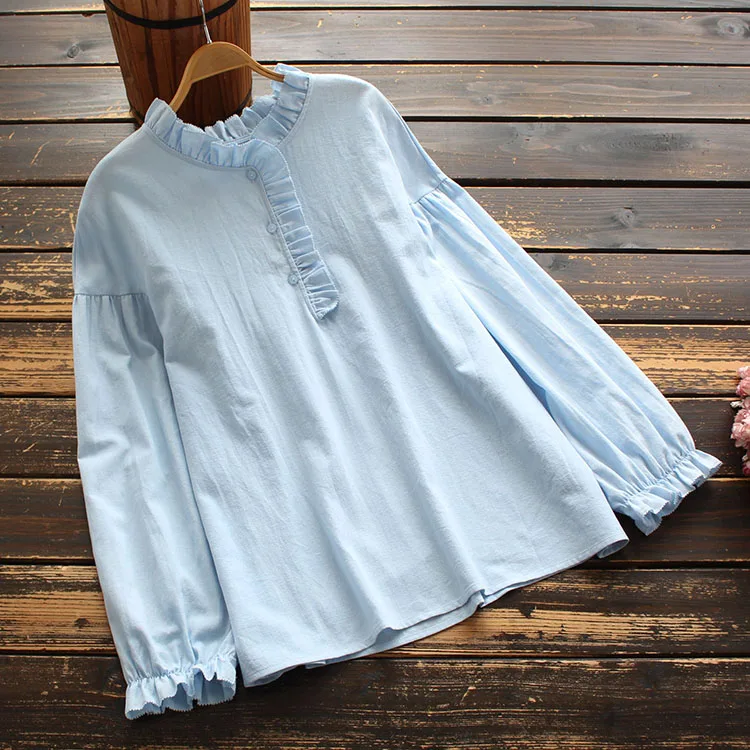 

2021 Spring Fall New Korean Style Female Top Casual Loose-Fitting Solid Shirt Long Sleeves Pullover Lace Stand Collar Blouse