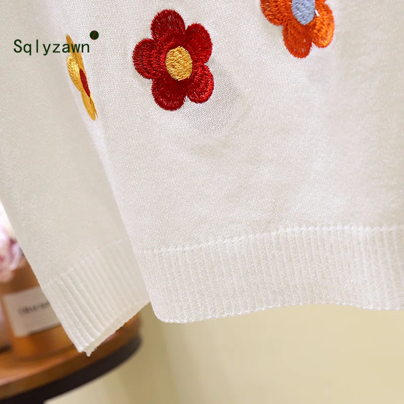 

Women Sweater Pullover Thin Rib Knitted Cotton Tops Embroidery Floral Sweet Girl O Neck Jumper Short Sleeve Sweaters Summer 2019
