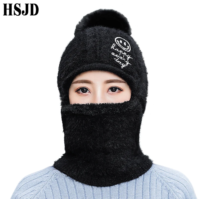 Women Winter Cashmere Balaclava Mask Knitted Hats Cute Smiling Face Knit Thick Skullies Beanie Warm Hat Outdoor Female Snow Cap |