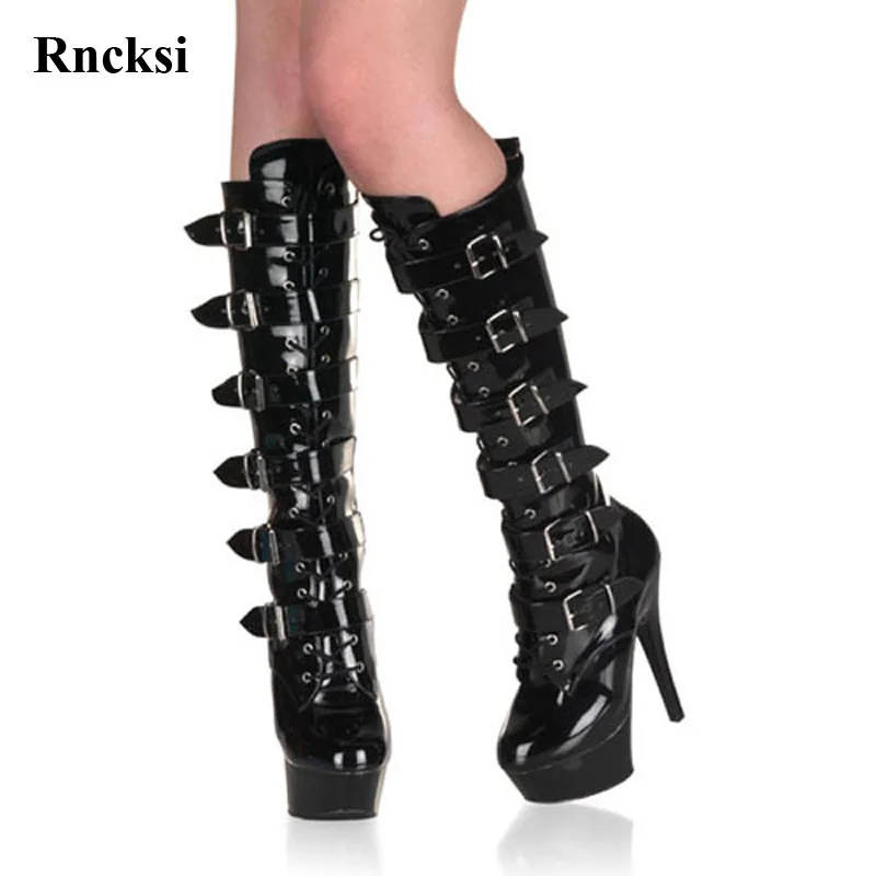 

Rncksi Fashion Women Buckle Straps Round Toe Boots Party Quee High Heels Shoes Boots Dance Shoes 15cm Heels High Knee High Boots