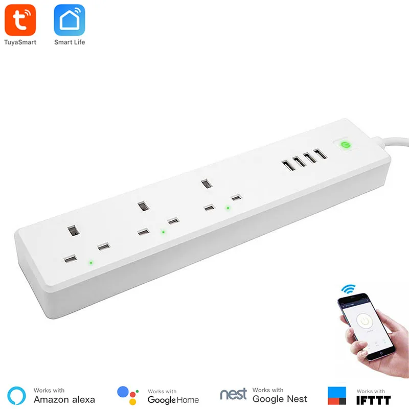 Tuya Smart стандарт Великобритании WiFi умная полоса питания 3 розетки 4 USB для умного