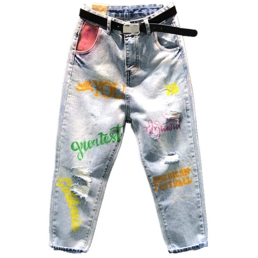 Женские свободные джинсы до щиколотки с высокой талией и принтом граффити|Джинсы