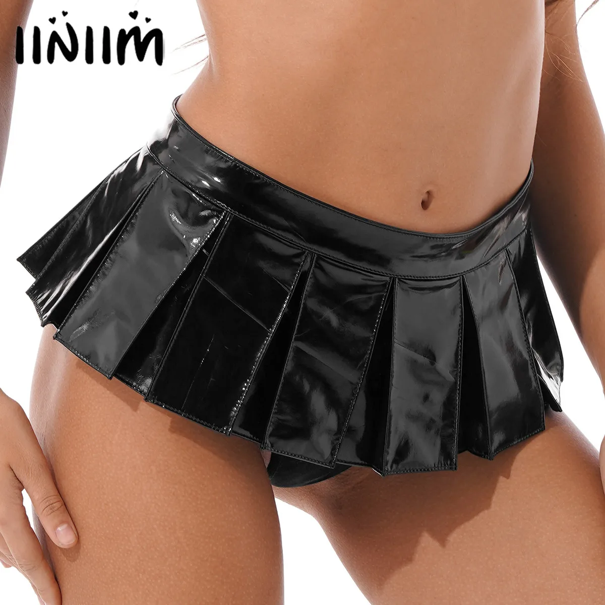 

Women Black Sexy Micro Skirts Wet Look Shiny Patent Leather Pleated Skirt Front Zipper Low Waist Miniskirt for Nightclub Party