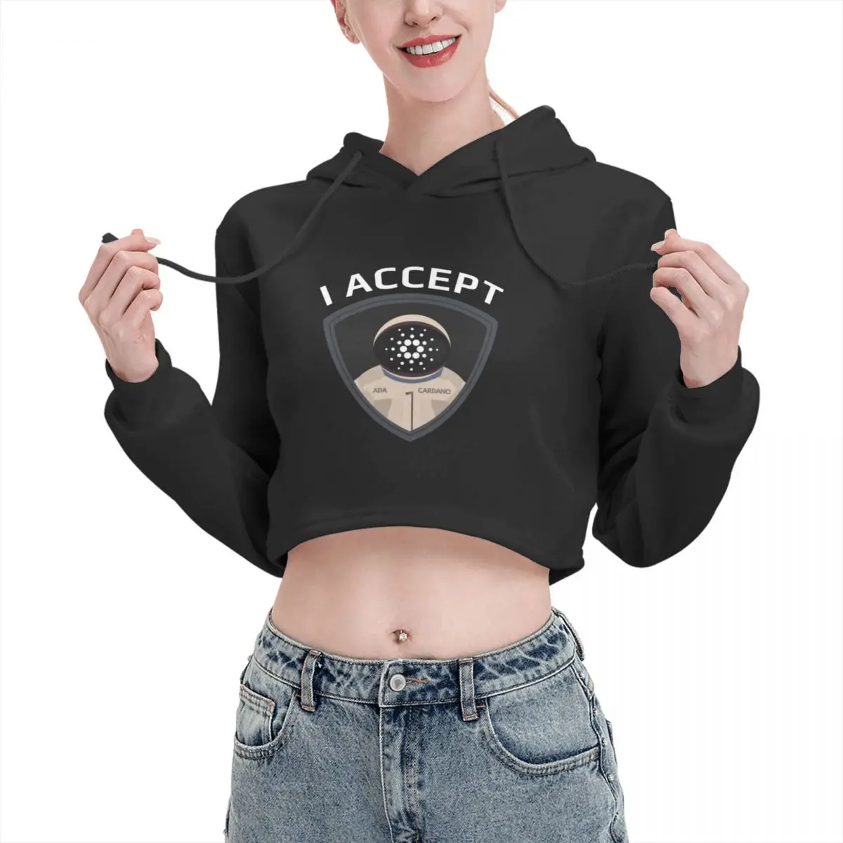 

Open navel Cat Ear Hoodie Sweater I Accept Cardano ADA With hood Humor Graphic beautiful Print Polkadot pullover