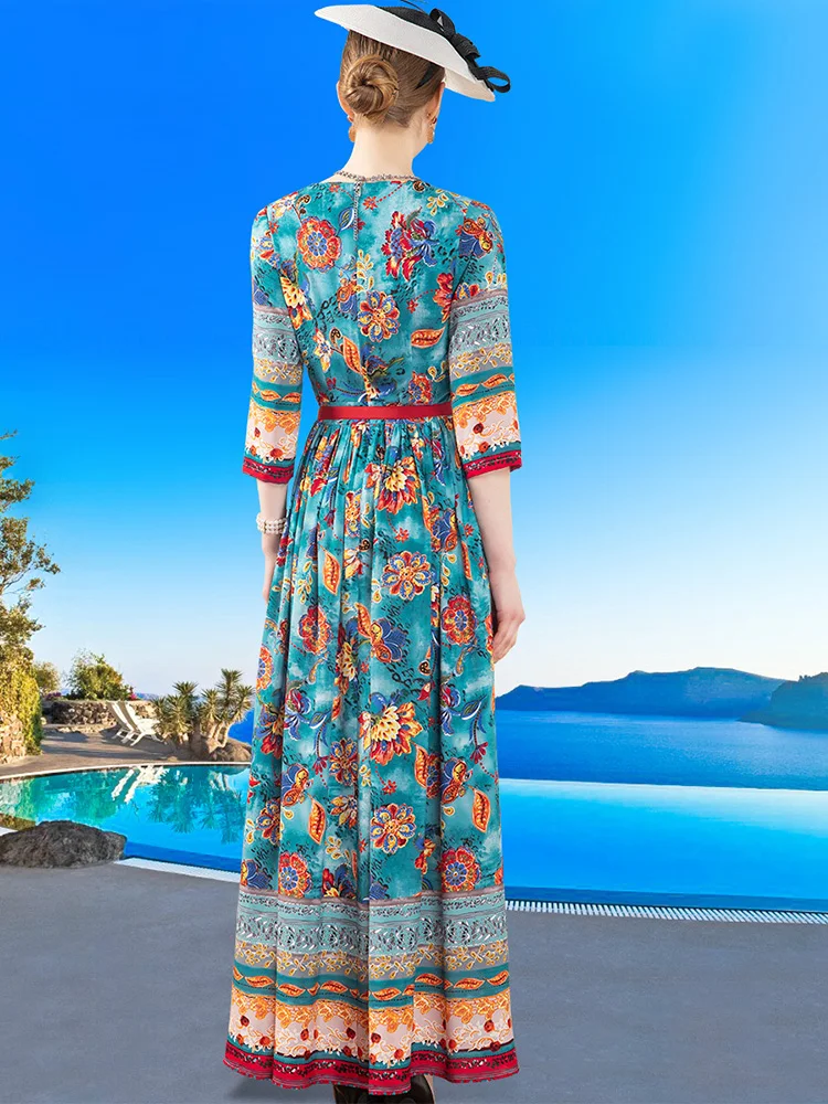 

4XL Bohemian Long Dress 2020 Summer Luxury Women V-Neck Vintage National Style Print 3/4 Sleeve Casual Beach Long Maxi Dress