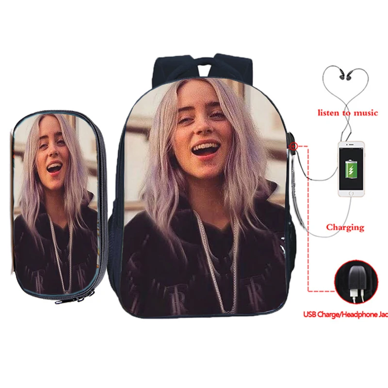 10 Billie Eilish рюкзак для зарядки через usb 2 шт./компл. школьная сумка для подростков мальчиков и девочек рюкзак для ноутбука пенал Дорожная сумка на плечо - Цвет: 10