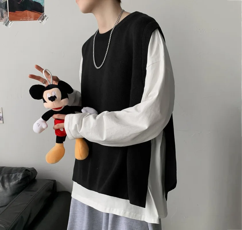 

Spring Autumn Men's New Style Round Neck Knitwear Unisex Sweater Vest Sleeveless Vest Casual Slit Couple Outdoor