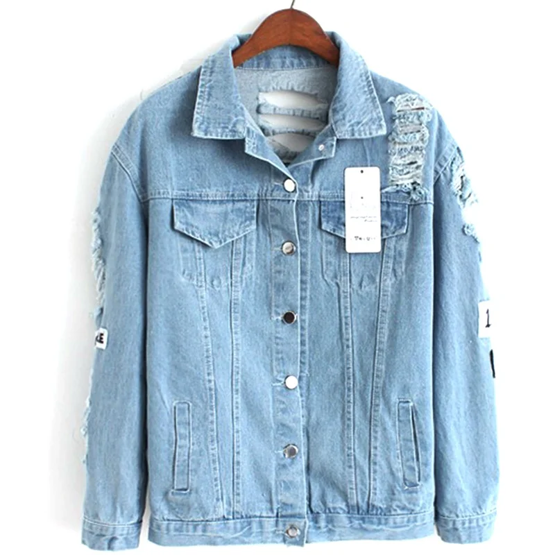 Джинсовая куртка с принтом сзади джинсовая для женщин Casacos Feminino тонкая рваные Femme