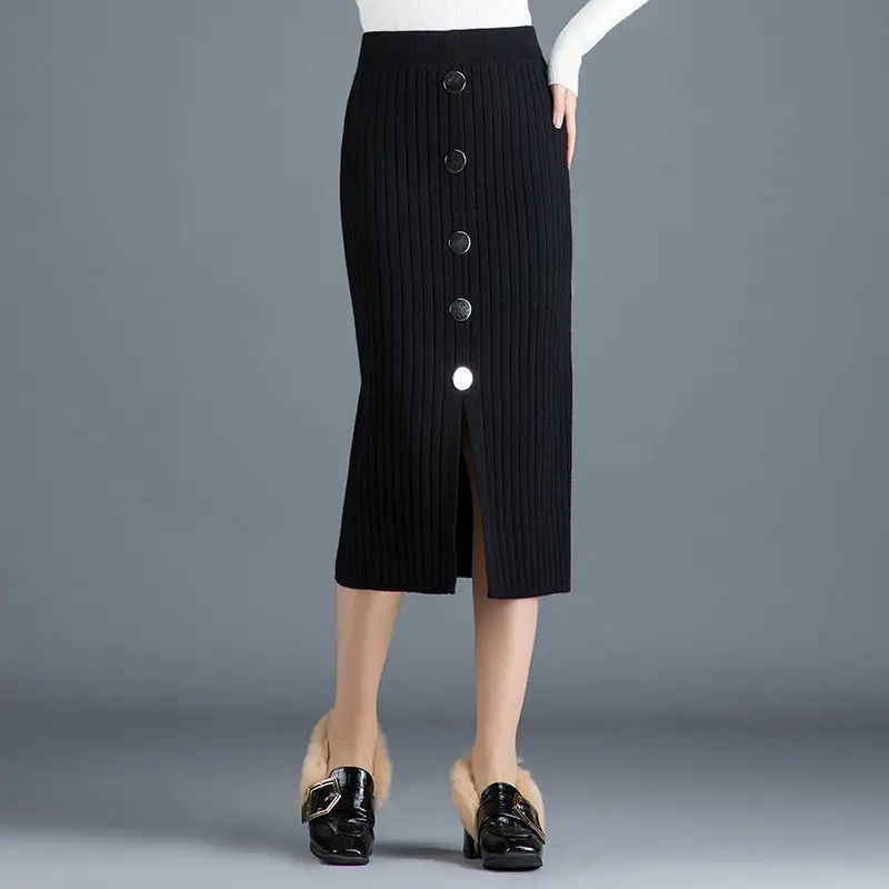 

Elastic Band Women Skirts 2020 Autumn Winter Warm Knitted Straight Skirt Ribbed Ribbed Mid-Long Stitching Lace Skirt Black F405