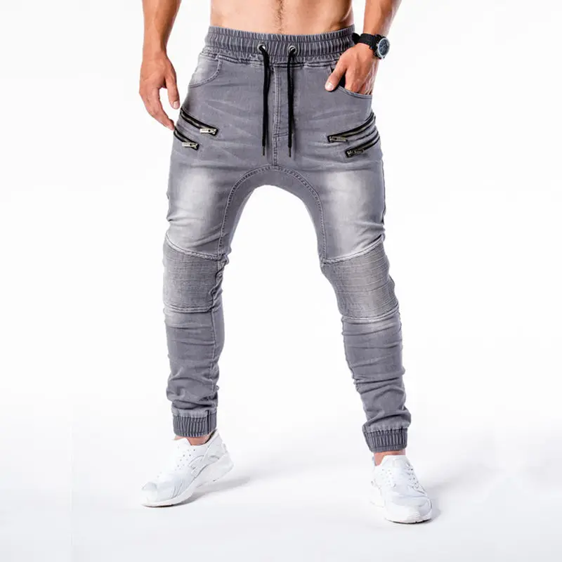 Autumn New Mens Sport Jeans Washing Fashion Male Hip Hop Skinny Denim Trousers Man Vintage Zip Up Cargo Pants Homme Pantalones