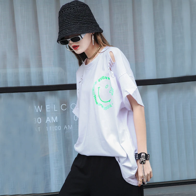 Женская модная новая футболка с принтом уличная дырками Свободные повседневные