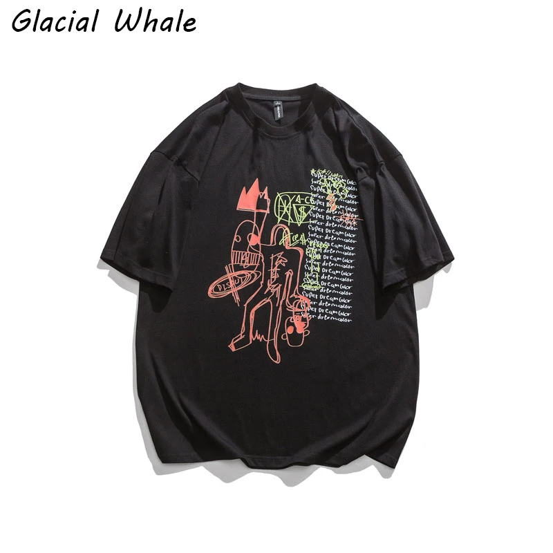 

GlacialWhale Men's T-Shirt Men New Summer Oversized Print Cotton Punk Hip Hop Streetwear Tshirt Male Black Harajuku T Shirt Men