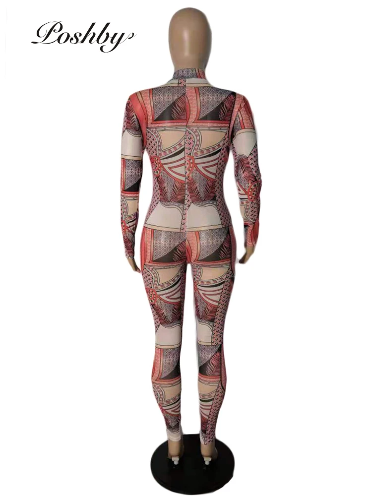 

Poshby 2021 O Neck Long Sleeve Club Party Skinny Jumpsuits Sexy Tight Sheath Ladies Playsuits Print Bodycon Autumn Women Rompers