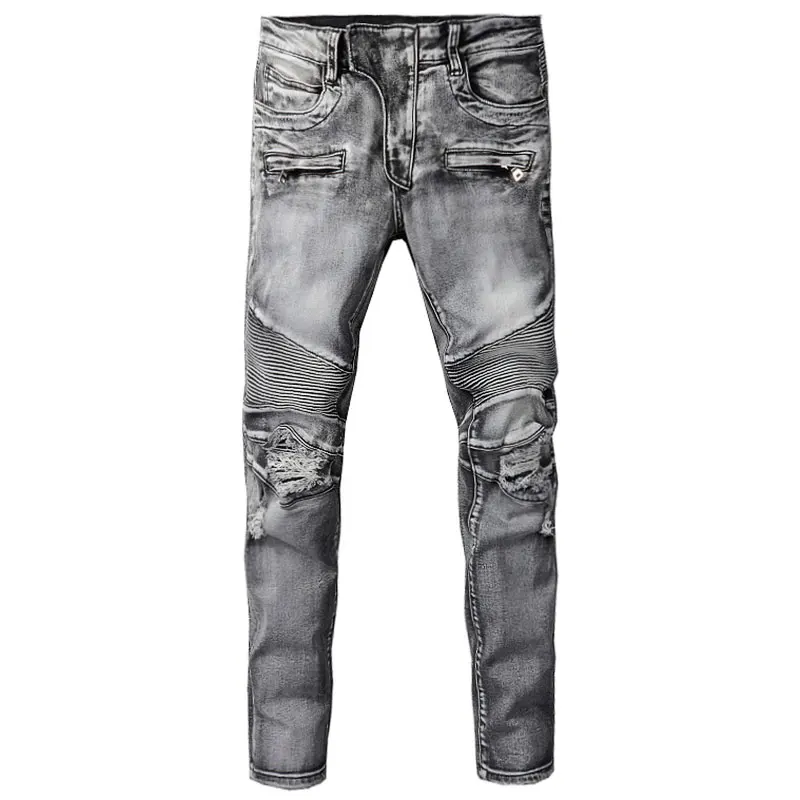 European American Street Fashion Men Jeans Retro Gray Spliced Designer Ripped Jeans Men Hip Hop Denim Punk Biker Pants Homme