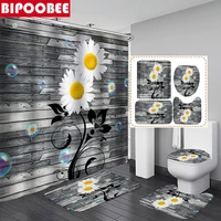 White Flowers Wood Board Bathroom Set Waterproof Polyester Fabric Shower Curtains Floral Bath Mats Non Slip Carpet Toilet Cover
