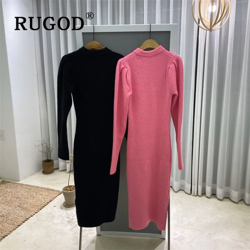 Женское винтажное длинное платье RUGOD однотонное Облегающее вязаное с высоким