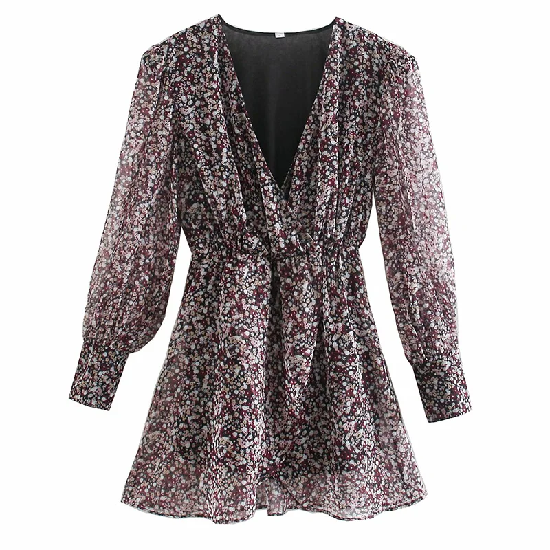 

Ladies 2021 New Elegant V Neck Puff Sleeve Short Dress For Women's All Match Casual Small Floral Printed Mini Summer Dresses