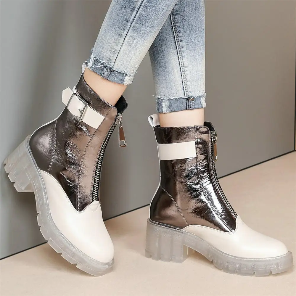 

Winter Warm High Heel Shoes Women Genuine Leather Motorcycle Boots Female High Top Round Toe Platform Pumps Shoes Casual Shoes
