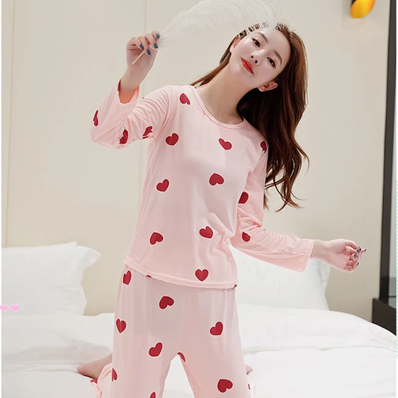 Зимние хлопковые Пижамные комплекты для женщин с длинным рукавом мультяшный