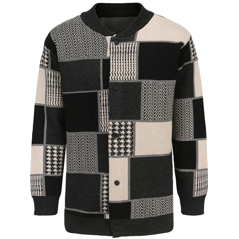 

Fashion Color Contrast Patchwork Sweater Men Knitted Jackets Autumn Sweaters Knit Outerwear Vintage Jacket Male