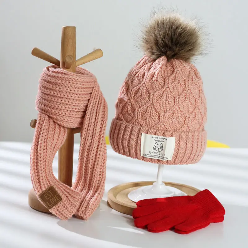 

3Pcs A Set Hat and Scarf Gloves Boys and Girls Winter Warm Plush Cotton Cap Children Knitting Wool Hat and Neck Scarf