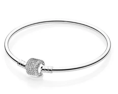 

Amas 925 Sterling Silver Pave Barrel Clasp With Crystal Snake Chain Bracelet Bangle Fit Women Bead Charm Bracelets DIY Jewelry