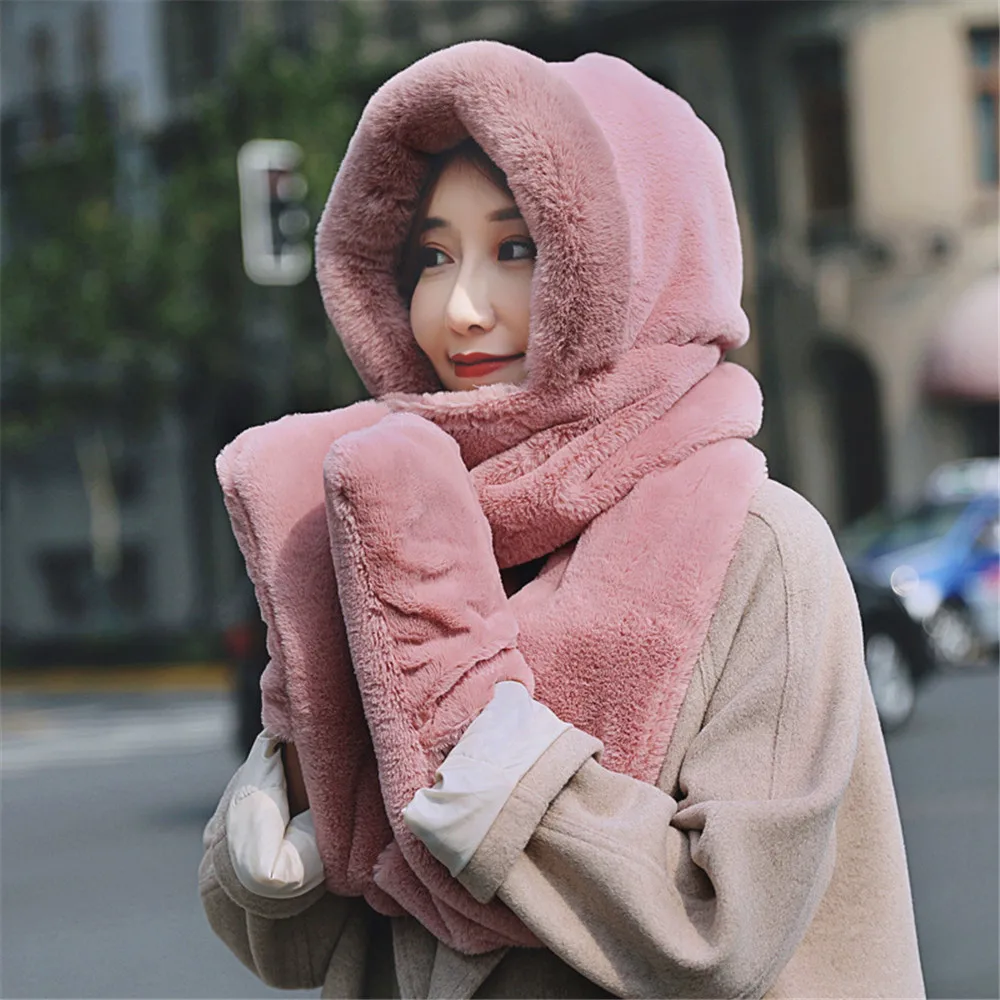

2020 New Winter Warm Scarf Hat Gloves Three-piece Portable Outdoor Thicken Imitation Rabbit Velvet Hat Glove For Women Girl Lady