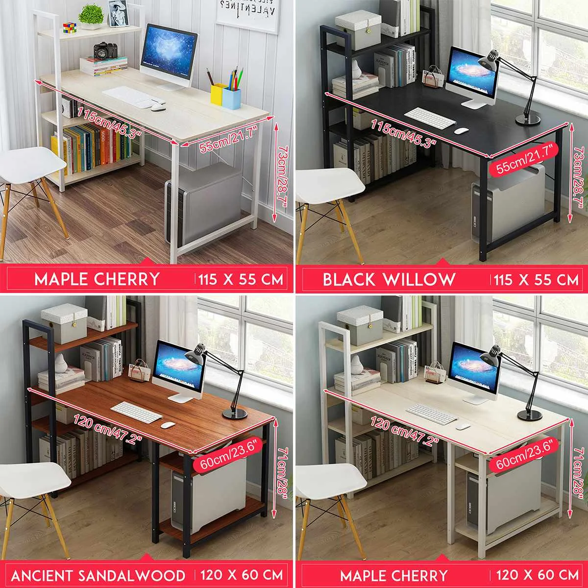 

120cm Wooden Computer Laptop Desk Modern Style Computer Study Table with 4 Tiers Bookshelf for Home Office Living Room Writing