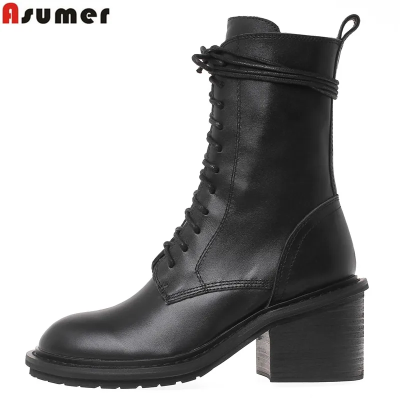 

ASUMER 2021 new Genuine leather boots women square high heels autumn winter boots black quality cow leather ankle boots female