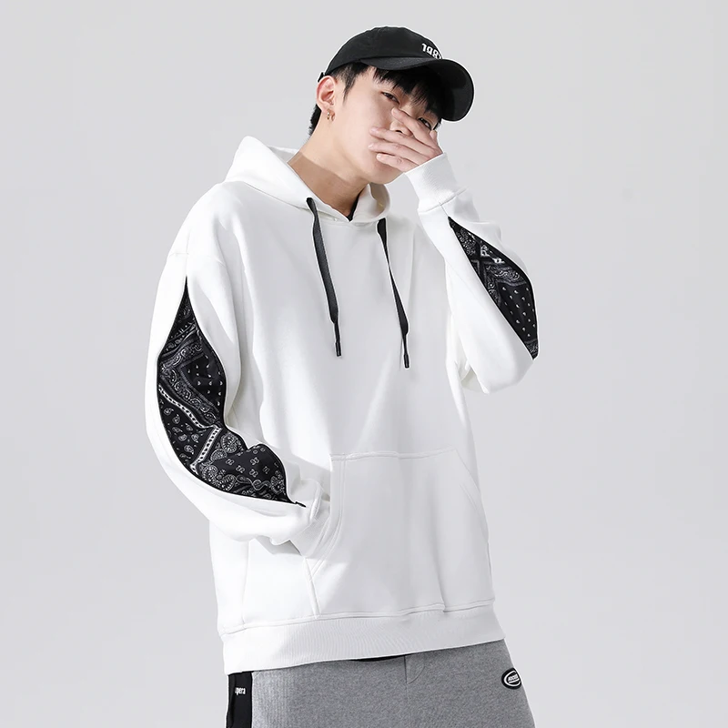 

Spring new hooded fancy stitching sleeves pure cotton simple black and white sweater