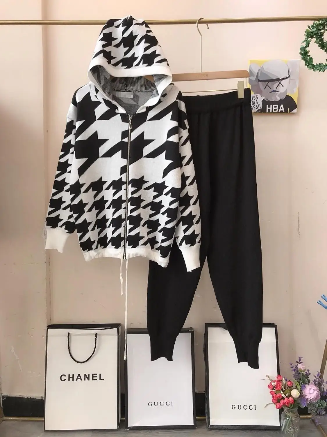 ALPHALMODA новый стиль клетчатый свитер с капюшоном куртка + брюки женские зимние 2 шт.