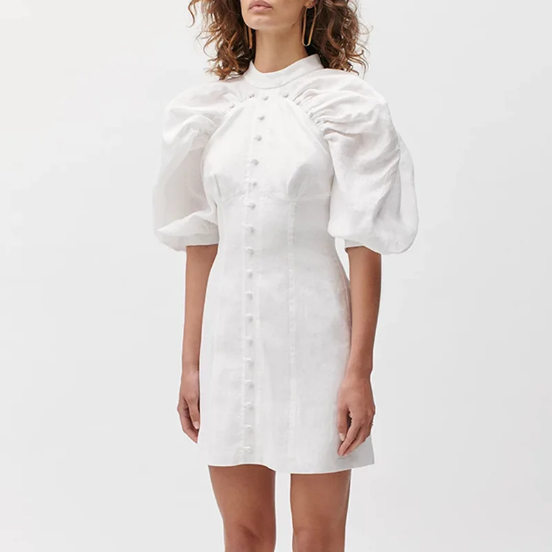 Летнее винтажное женское платье на пуговицах с высокой талией мини-туника