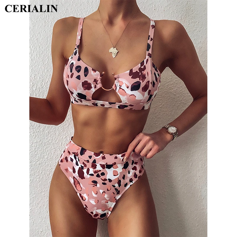 

Купальник женский с леопардовым принтом, взрывобезопасный купальный костюм с разрезом, пляжная одежда со средней талией, из двух предметов