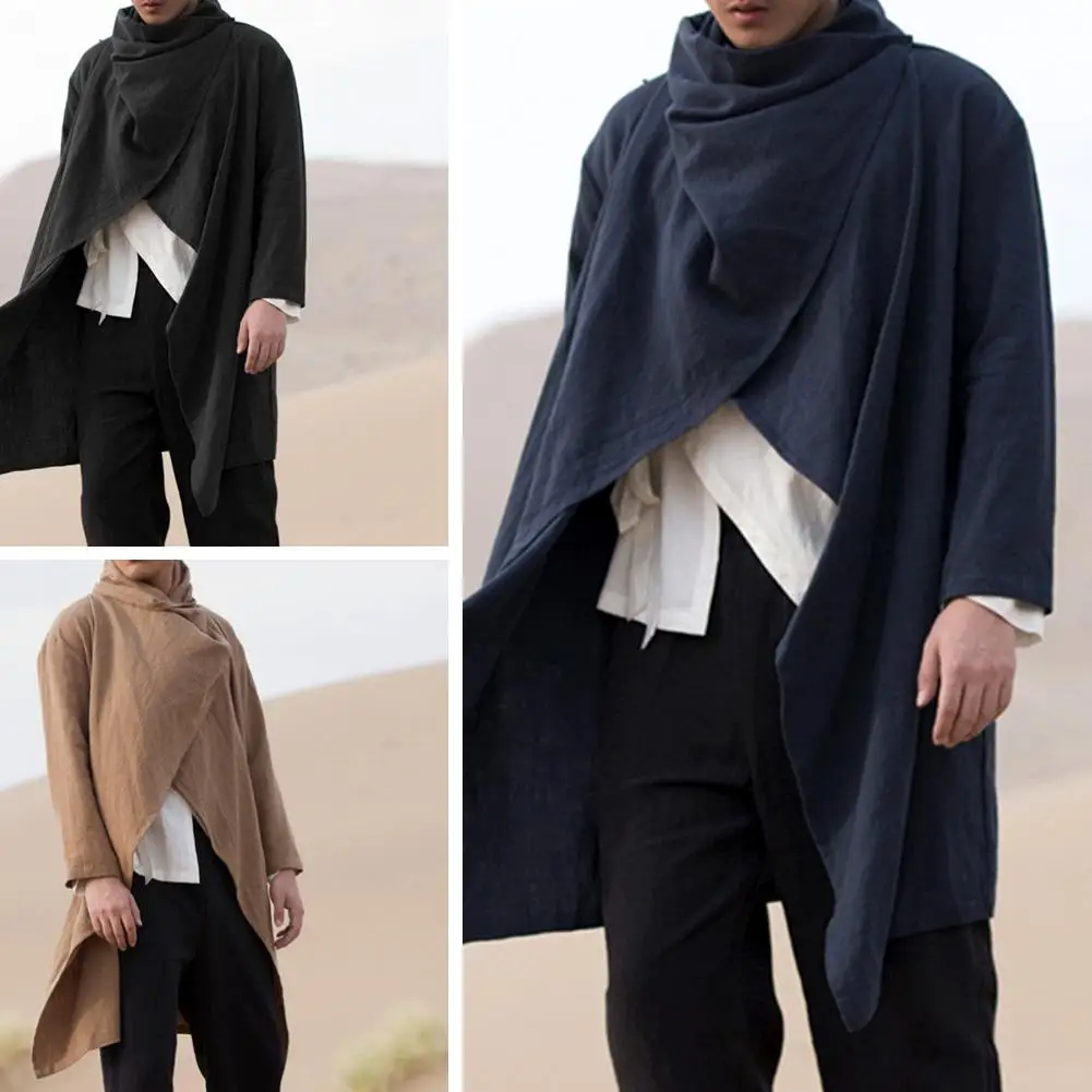Men Coats Long Sleeve Scarf Collar Trench Ponchos Cotton Outwear Solid Cloak Vintage Irregular Jackets Men Streetwear
