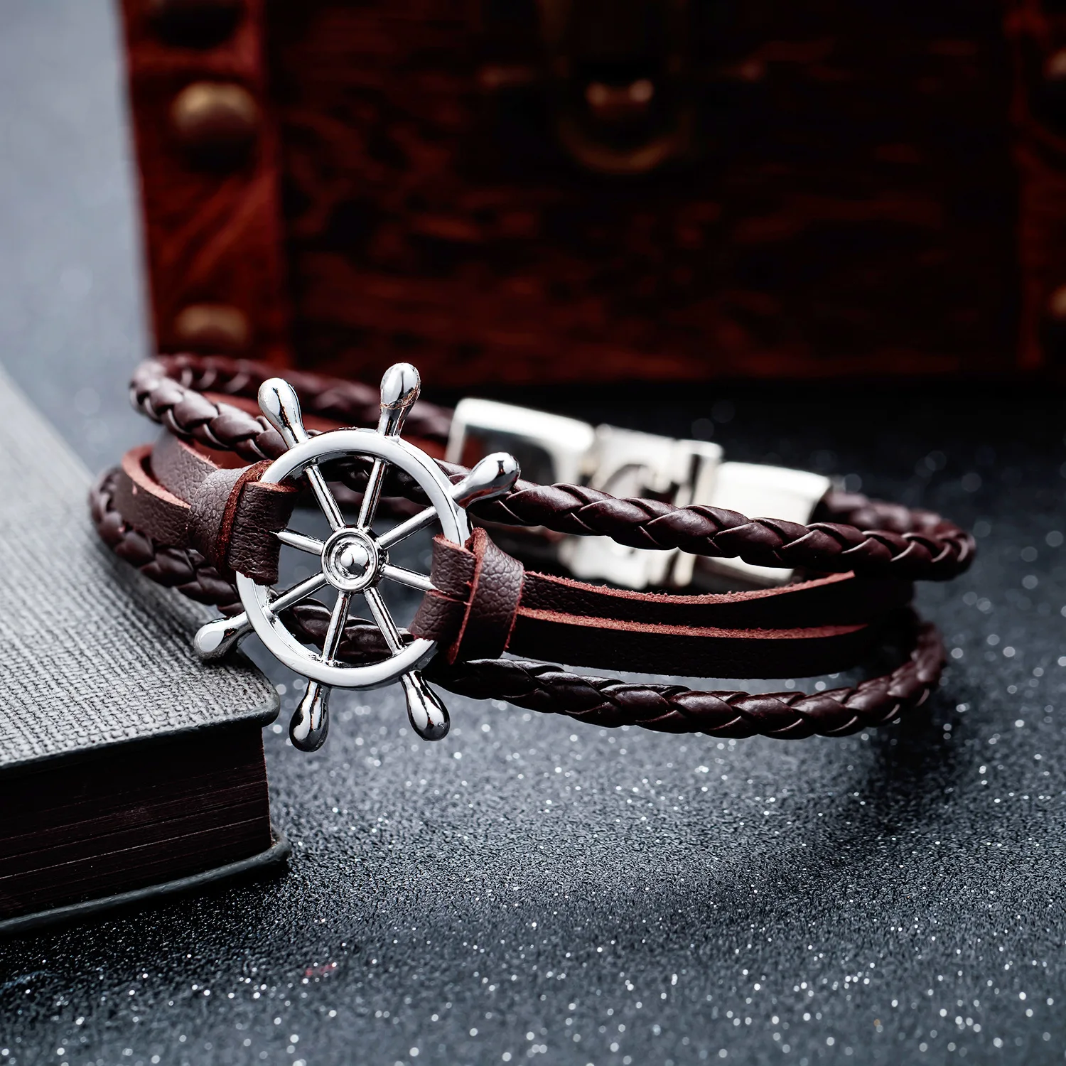 

Fashion Black Personalized Rudder Woven Leather Bracelet Best Seller In Europe and America Mens Bracelet Vintage Jewlery