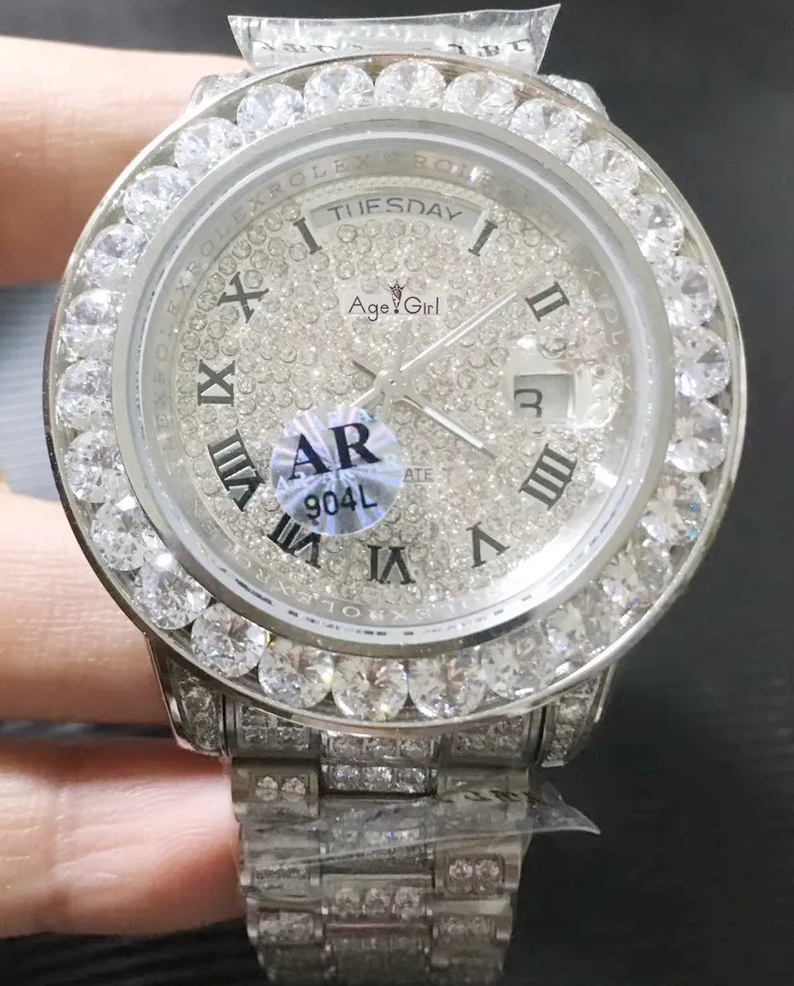 

Luxury New Men Silver Gold Rome Daydate Iced Diamond Bracelet Automatic Mechanical Stainless Steel Sapphire Watch 44mm