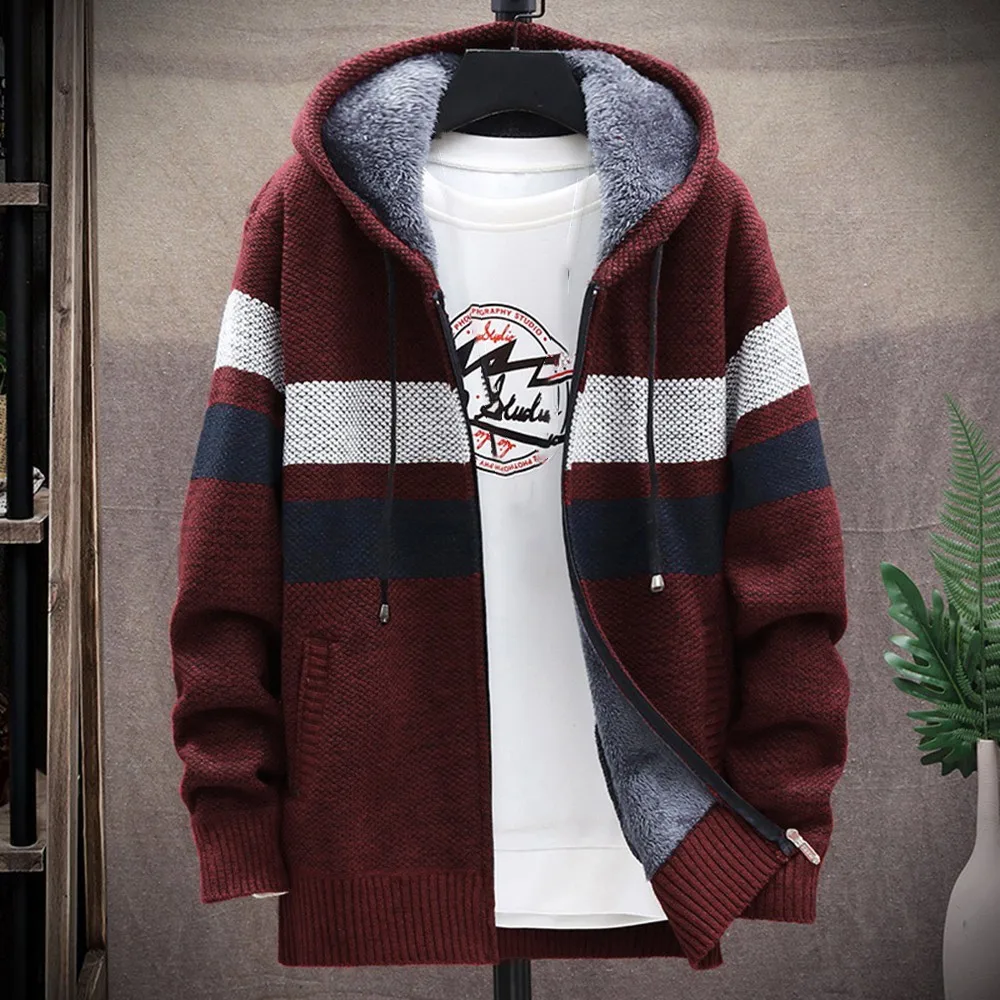 

Men Fashion Plus Velvet Thermal Hooded Parka Sweater Cardigan Plus Size Drawcord Thick Windproof Warm Jacket Top Parka Coat