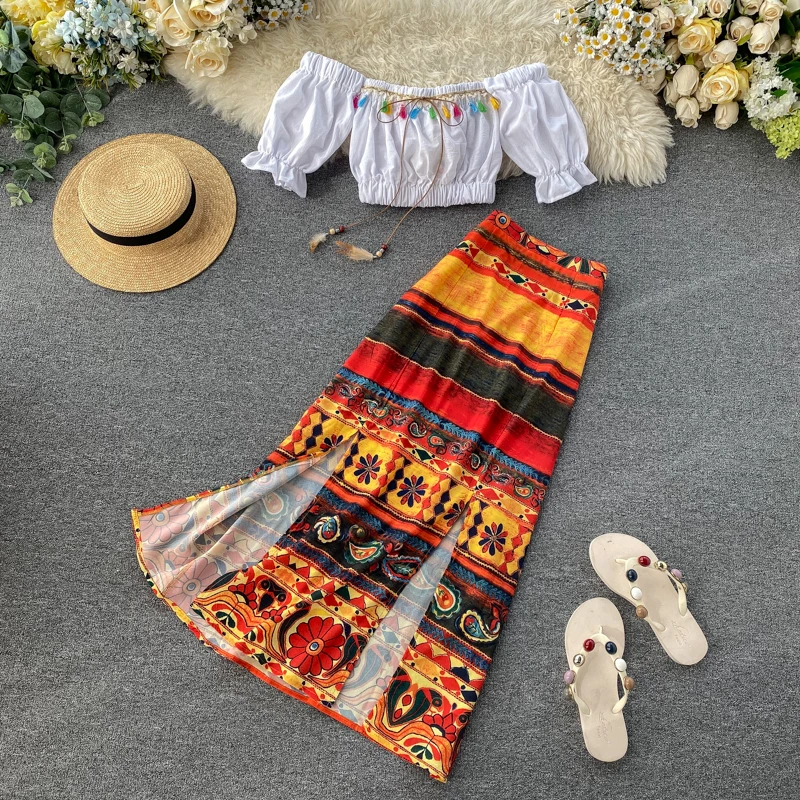 Женский пляжный комплект из двух предметов топ с открытыми плечами и длинная