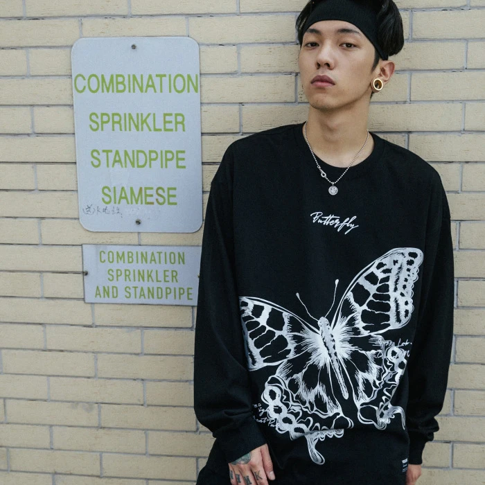 

Long Sleeve Butterfly Printed Tees Shirts Streetwear Harajuku Hip Hop Casual Cotton Loose Tshirts Fashion Tops Clothing WY125