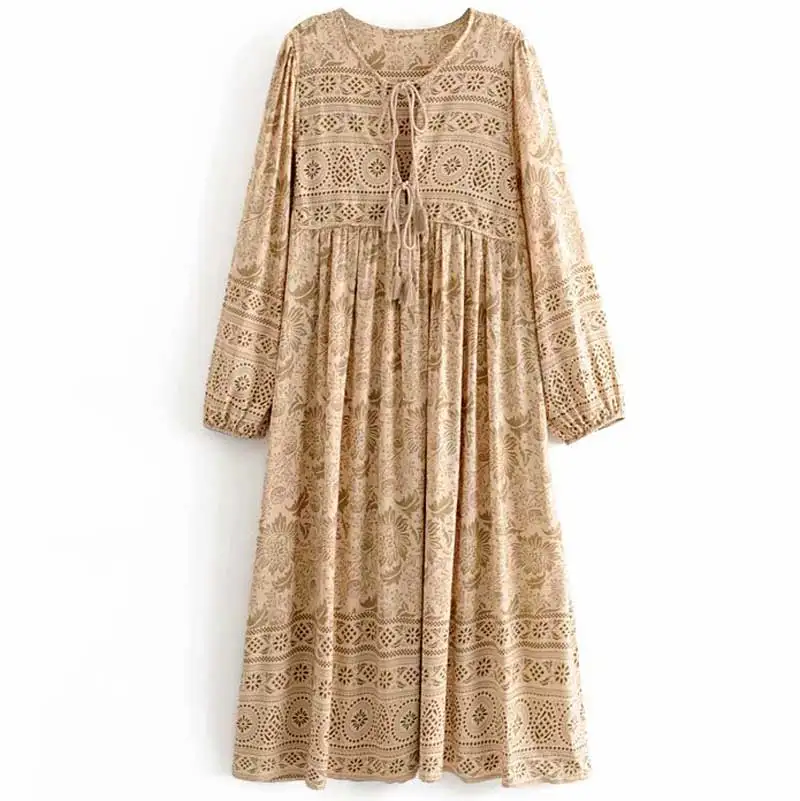 Богемный Вдохновленный летнее платье богемный цветочный принт длинный рукав кисточка длинные платья с v-образным вырезом Свободное платье для женщин Хиппи шик vestidos - Цвет: mustrad